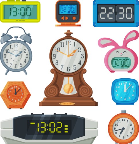 Digital and analogue table clocks collection old vector image