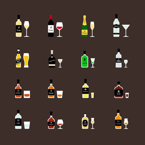 alcoholic drinks bottles and recommended glasses vector image