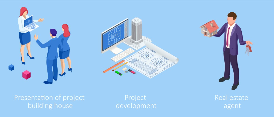 isometric construction project management vector