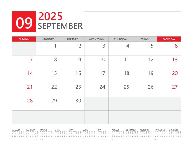 September 2025 year calendar planner Royalty Free Vector