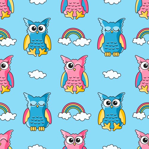 seamless pattern with cute owls and clouds vector image