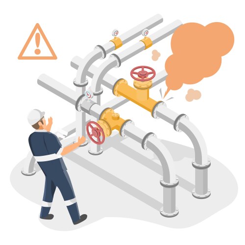 Gas pipe leak valves and piping emergency vector image