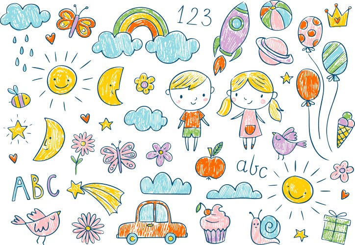 Cute Kids Doodle Set - Children's Drawings Vector Image