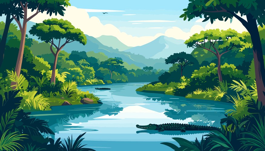 Lush tropical river landscape with crocodiles Vector Image