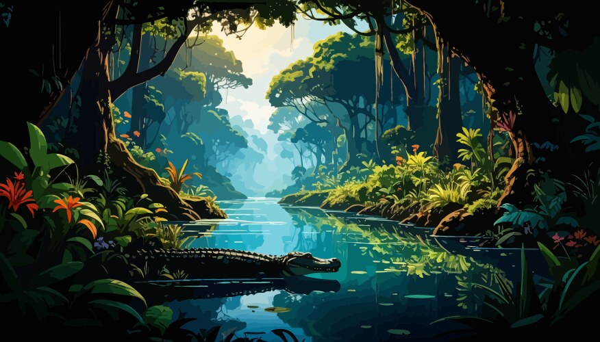 Serene jungle river scene with crocodile Vector Image