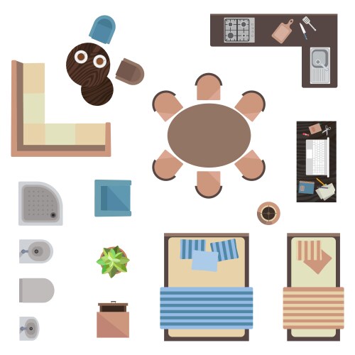 Top view interior furniture icons flat Royalty Free Vector