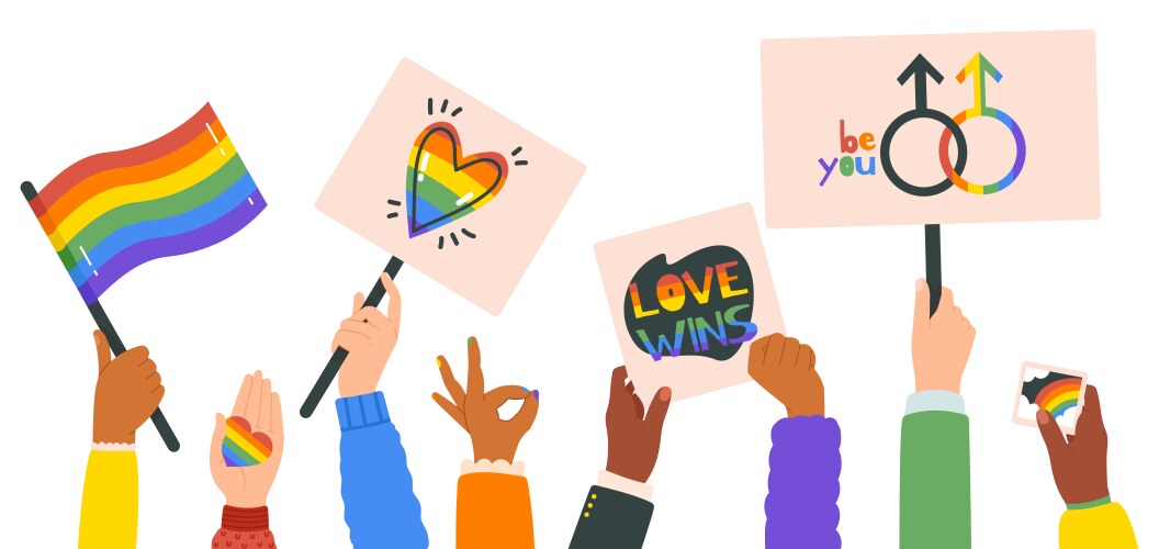 hands holding lgbt posters people crowd vector