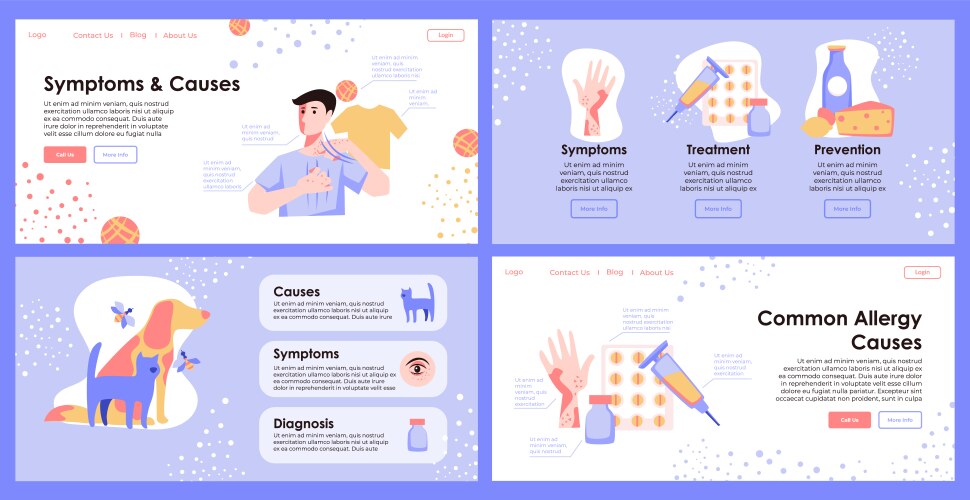 Allergy disease symptoms and causes landing page vector image