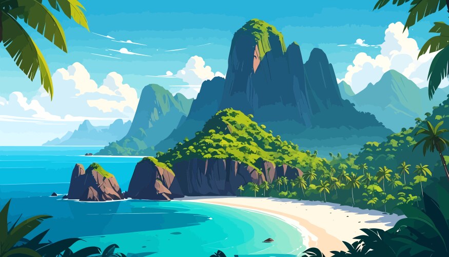 Serene tropical cove with lush mountains and palm Vector Image
