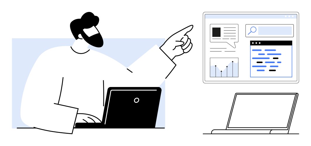 Man using laptop and analyzing data on a digital vector image