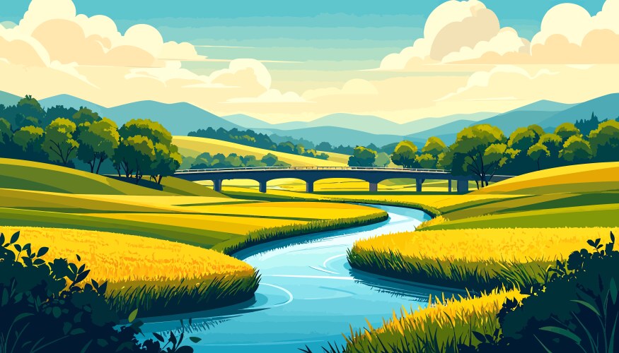 Serene countryside landscape with winding river Vector Image
