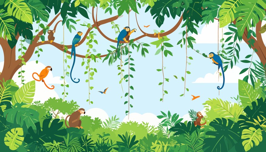 Vibrant jungle scene with monkeys parrots Vector Image