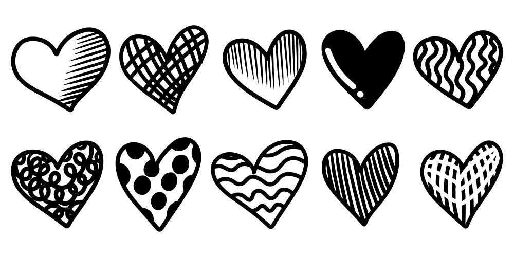 set doodle hearts isolated on white background vector image