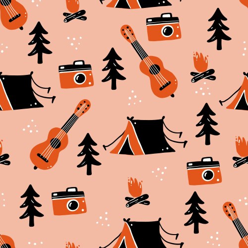 hand drawn seamless pattern camping equipment vector image