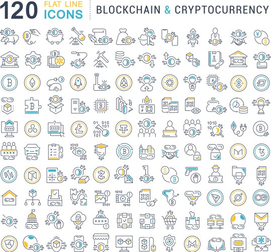 set line icons blockchain and cryptocurrency vector image