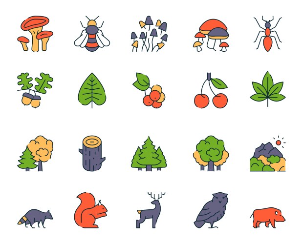 color linear icon set forest objects vector image