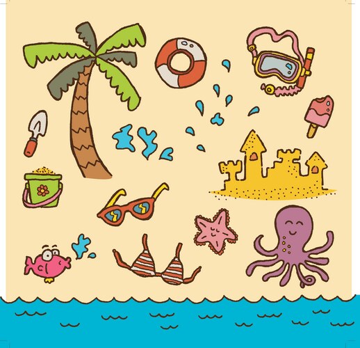 Cute Beach Doodle Set Vector Image