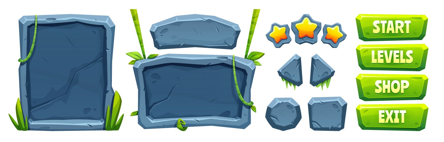 Jungle game ui elements with stone texture vector image