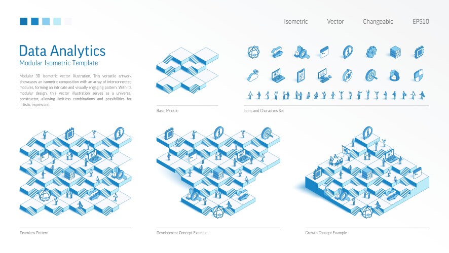 Big data analytics modular isometric constructor vector image