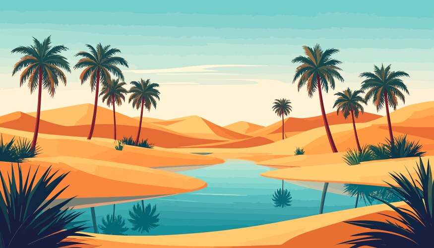 Oasis in the desert landscape with palm trees Vector Image