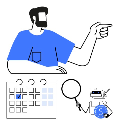 Man pointing with calendar robot examining vector image