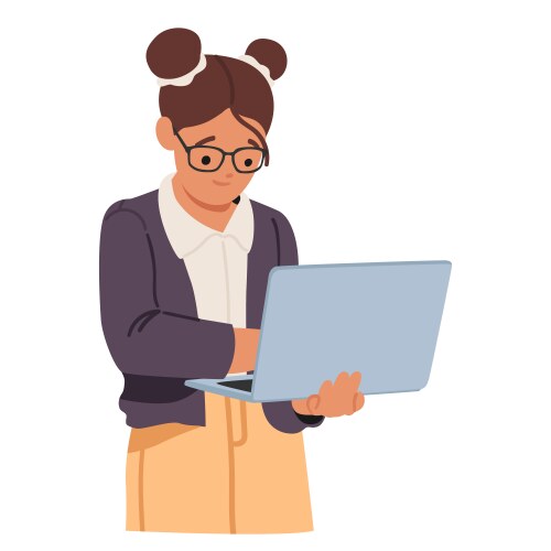 Smart nerd girl geek student using laptop computer vector image