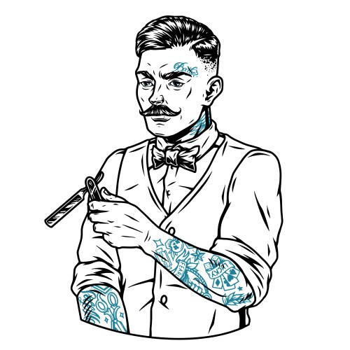 Tattooed Barber with Straight Razor Vector Image