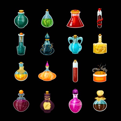 set isolated glass potions or magic bottles vector