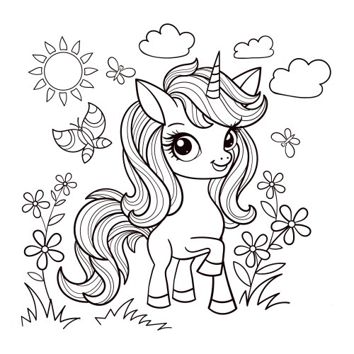 Cute unicorn with flower coloring pages vector image