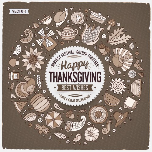 set of thanksgiving cartoon doodle objects