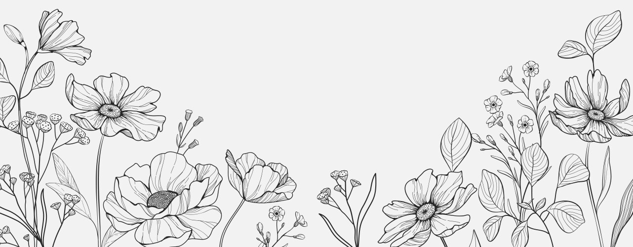 Botanical line background with flowers and leaves Vector Image