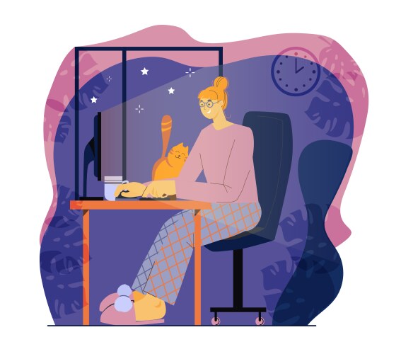 Freelancer working at night concept a woman works vector image