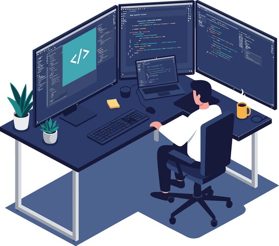 Software developer working at desk with three vektorbild