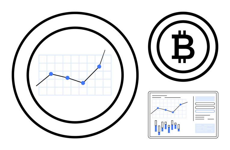 Bitcoin growth graph with data analytics tablet vector image