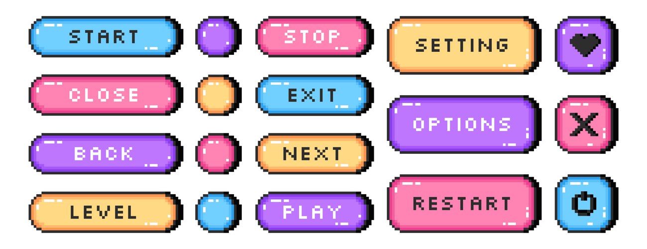 Pixel Art Arcade UI Buttons – Royalty-Free Vector | VectorStock