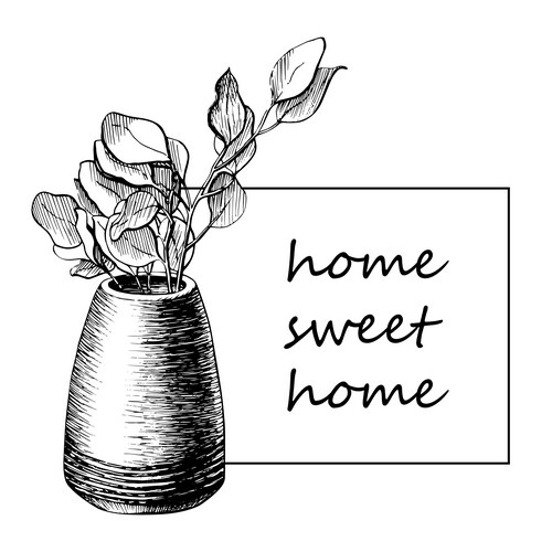 Botanical Line Drawing - Tree Branch in Pot Vector Image