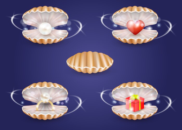 Realistic pearl seashells with jewelry vector image