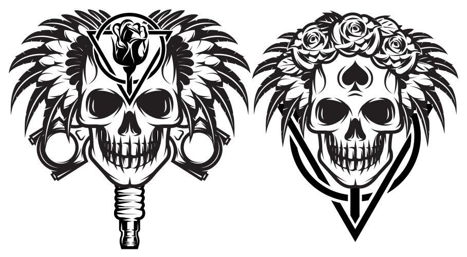 Skull with Roses - Monochrome Vector Image