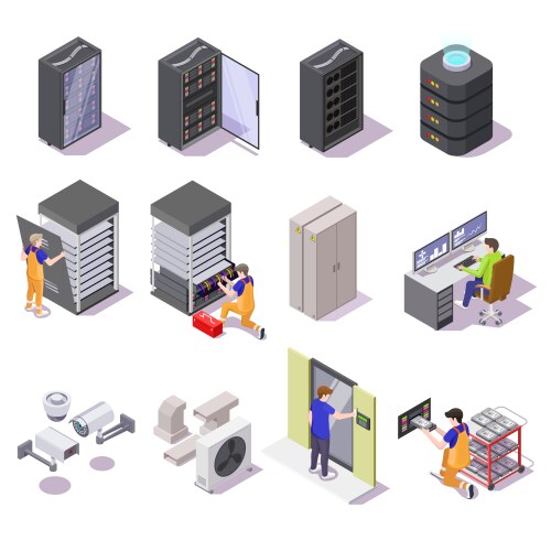 Data center isometric icon set isolated vector image