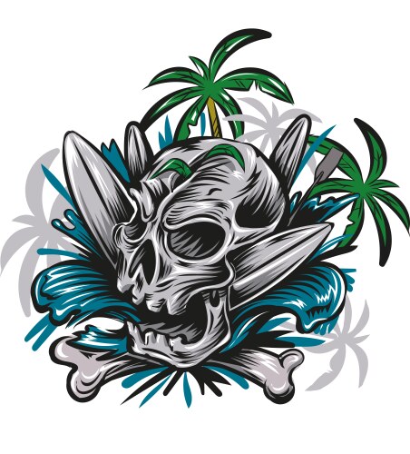 Skull head on the beach with a surfboard Vector Image