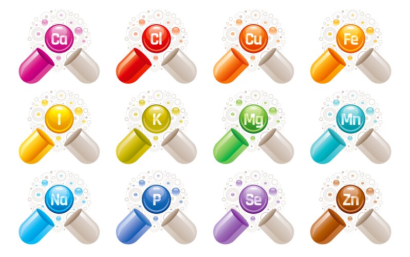 Mineral vitamin supplement icons health benefit Vector Image