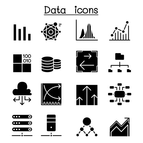 Database data and graph icon set in glyph style vector image