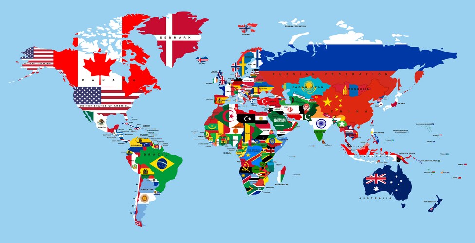 30 Countries World Map with Flags & Country Names – Royalty-Free Vector | VectorStock