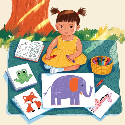 Child Drawing Animals on a Picnic Blanket Vector Image