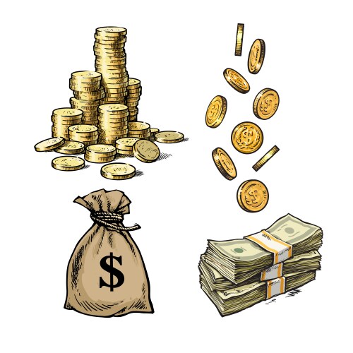 Money Stack & Coins Sketch Vector Image