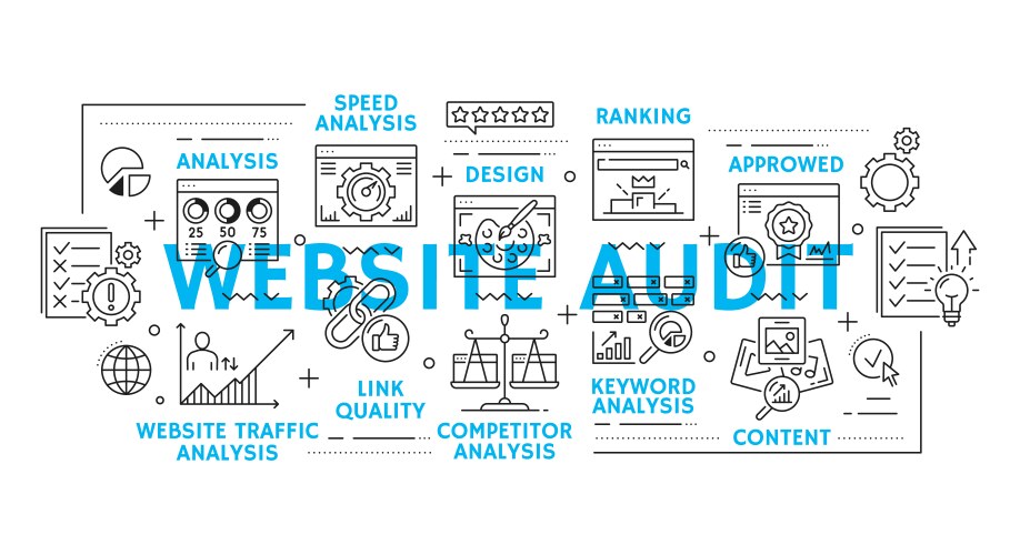 Web audit line icons website analytics analysis vector image