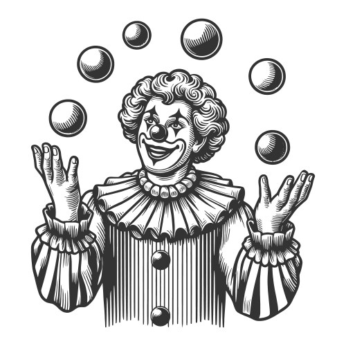 Clown juggling balls engraving Royalty Free Vector Image
