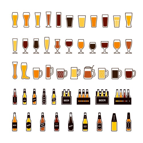 beer color icons set glasses and bottles vector image