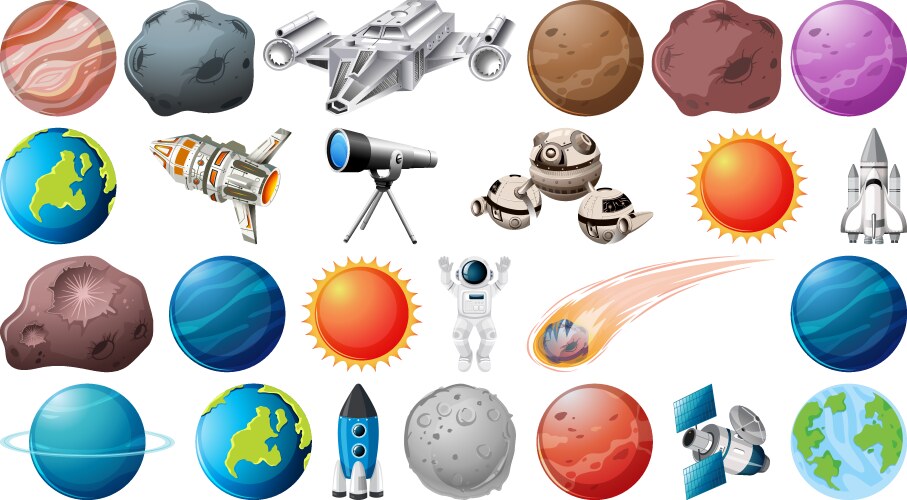 Cartoon Space Planets Asteroids And Moons Set Vector Image