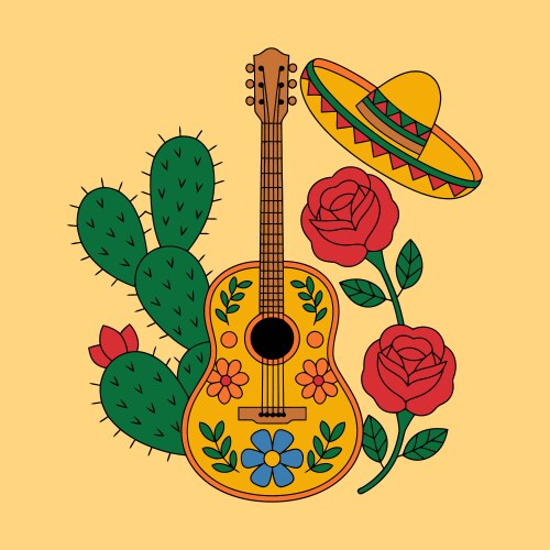 Mexican guitar with cactus and sombrero Vector Image